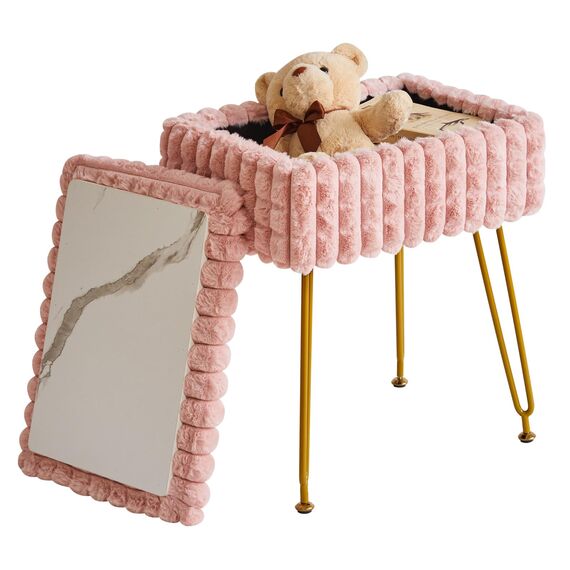 IBUYKE Rechteck Eitelkeit Stuhl mit Stauraum, Fußstütze Fußhocker Ottoman, Eitelkeit Hocker, Schminktisch Stuhl, mit Anti-Rutsch Füßen, für Make-up Raum, Schlafzimmer, Rosa WBD004P