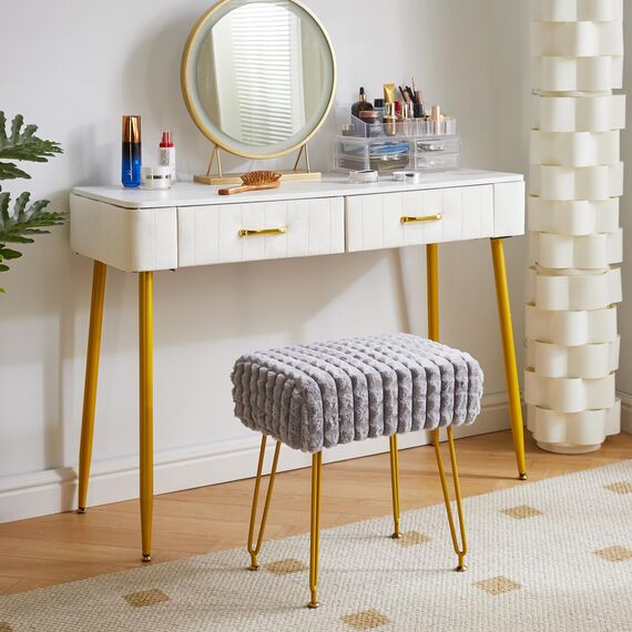 IBUYKE rechteckiger Fußstützenstuhl Ottoman, Make-up Eitelkeits Hocker Beistelltisch, Samt Ankleidetisch Sitz, Fußhocker Stuhl, goldene Stahlbeine, für Make-up Raum, Schlafzimmer, Grau WBD003G