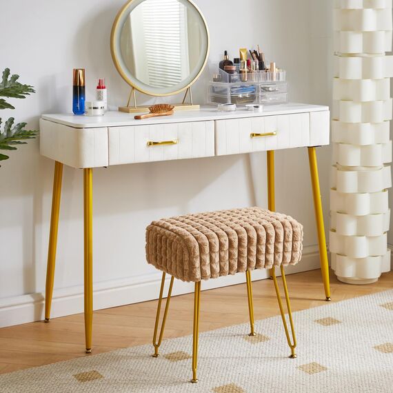 IBUYKE rechteckiger Fußstützenstuhl Ottoman, Make-up Eitelkeits Hocker Beistelltisch, Samt Ankleidetisch Sitz, Fußhocker Stuhl, goldene Stahlbeine, für Make-up Raum, Schlafzimmer, Khaki WBD003K