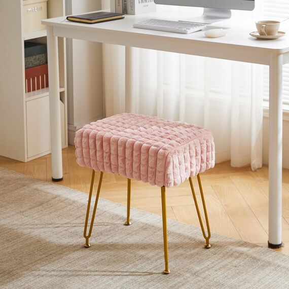 IBUYKE rechteckiger Fußstützenstuhl Ottoman, Make-up Eitelkeits Hocker Beistelltisch, Samt Ankleidetisch Sitz, Fußhocker Stuhl, goldene Stahlbeine, für Make-up Raum, Schlafzimmer, Rosa WBD003P