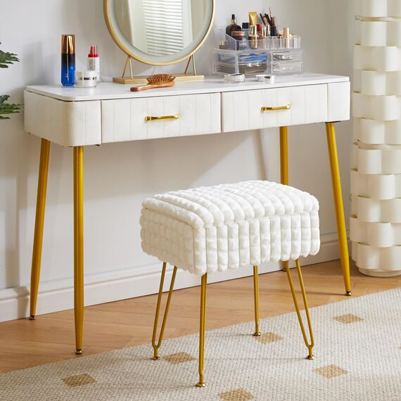 IBUYKE Rechteck Eitelkeit Stuhl mit Stauraum, Fußstütze Fußhocker Ottoman, Eitelkeit Hocker, Schminktisch Stuhl, mit Anti-Rutsch Füßen, für Make-up Raum, Schlafzimmer, weiß WBD004W