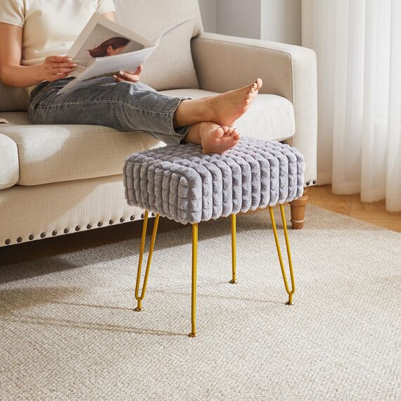 IBUYKE rechteckiger Fußstützenstuhl Ottoman, Make-up Eitelkeits Hocker Beistelltisch, Samt Ankleidetisch Sitz, Fußhocker Stuhl, goldene Stahlbeine, für Make-up Raum, Schlafzimmer, Grau WBD003G