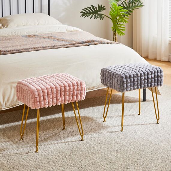 IBUYKE rechteckiger Fußstützenstuhl Ottoman, Make-up Eitelkeits Hocker Beistelltisch, Samt Ankleidetisch Sitz, Fußhocker Stuhl, goldene Stahlbeine, für Make-up Raum, Schlafzimmer, Rosa WBD003P