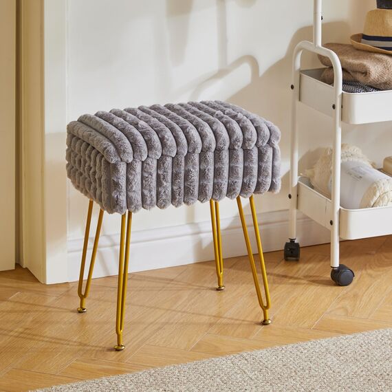 IBUYKE Rechteck Eitelkeit Stuhl mit Stauraum, Fußstütze Fußhocker Ottoman, Eitelkeit Hocker, Schminktisch Stuhl, mit Anti-Rutsch Füßen, für Make-up Raum, Schlafzimmer, Grau WBD004G