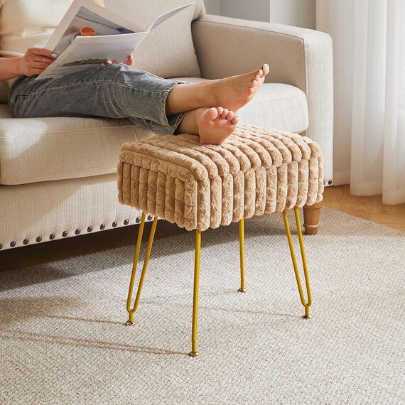 IBUYKE Rechteck Eitelkeit Stuhl mit Stauraum, Fußstütze Fußhocker Ottoman, Eitelkeit Hocker, Schminktisch Stuhl, mit Anti-Rutsch Füßen, für Make-up Raum, Schlafzimmer, Khaki WBD004K