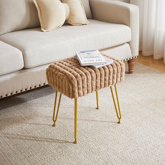 IBUYKE rechteckiger Fußstützenstuhl Ottoman, Make-up Eitelkeits Hocker Beistelltisch, Samt Ankleidetisch Sitz, Fußhocker Stuhl, goldene Stahlbeine, für Make-up Raum, Schlafzimmer, Khaki WBD003K