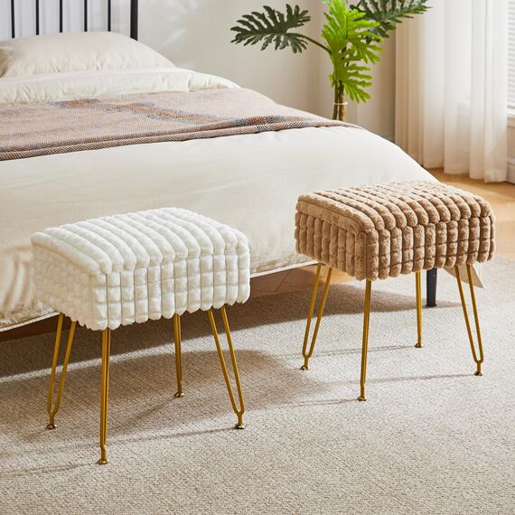 IBUYKE Rechteck Eitelkeit Stuhl mit Stauraum, Fußstütze Fußhocker Ottoman, Eitelkeit Hocker, Schminktisch Stuhl, mit Anti-Rutsch Füßen, für Make-up Raum, Schlafzimmer, Khaki WBD004K