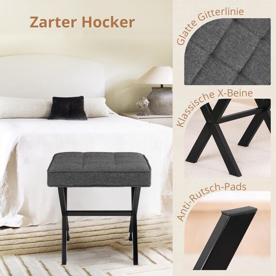 LUE BONA Fußhocker,Make-up Hocker mit X-Bein,Polsterhocker,Schminkhocker,Ottoman Sitz Fußstütze Hocker,Leinen Sitzhocker für Wohnzimmer,Schlafzimmer,43 x 33 x 46 cm,AnthrazitGrau-Schwarze