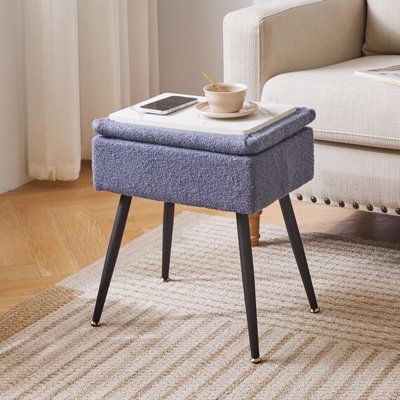 Aibiju Hocker mit Stauraum, Fußhocker, Ottomane, klein, Fußstütze für Couch und Stuhl mit Stauraum, 40 x 30 x 46 cm, blauer Ottomane, Teddy-Samt für Schminktisch, Beistelltisch im Wohnzimmer, Blaugrau
