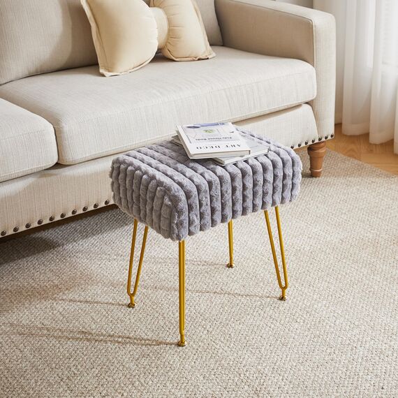 IBUYKE rechteckiger Fußstützenstuhl Ottoman, Make-up Eitelkeits Hocker Beistelltisch, Samt Ankleidetisch Sitz, Fußhocker Stuhl, goldene Stahlbeine, für Make-up Raum, Schlafzimmer, Grau WBD003G