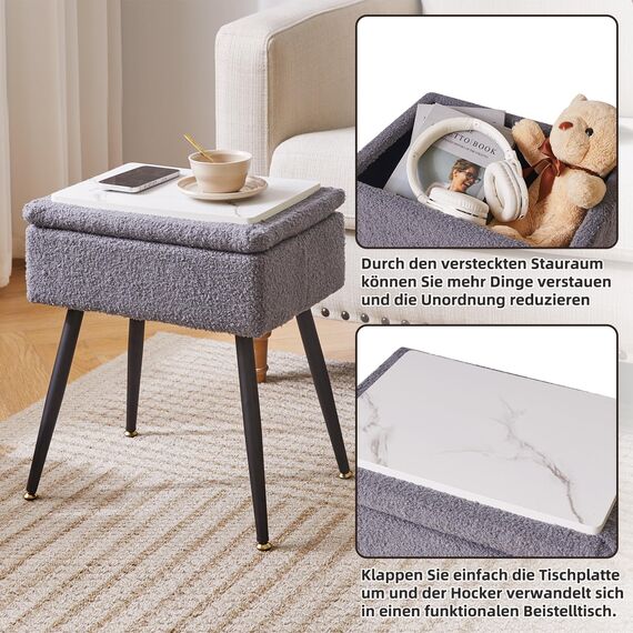 Aibiju HockerStuhl mit Stauraum, Stuhl für Schminktisch,Make-up Eitelkeits Hocker Beistelltisch, Schlafzimmer-Osmanenhocker mit Metallbeinen für Zuhause, Wohnzimmer, Schlafzimmer, Grau YD-SMS137G