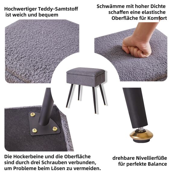 Aibiju HockerStuhl mit Stauraum, Stuhl für Schminktisch,Make-up Eitelkeits Hocker Beistelltisch, Schlafzimmer-Osmanenhocker mit Metallbeinen für Zuhause, Wohnzimmer, Schlafzimmer, Grau YD-SMS137G