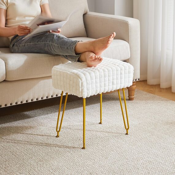IBUYKE rechteckiger Fußstützenstuhl Ottoman, Make-up Eitelkeits Hocker Beistelltisch, Samt Ankleidetisch Sitz, Fußhocker Stuhl, goldene Stahlbeine, für Make-up Raum, Schlafzimmer, weiß WBD003W