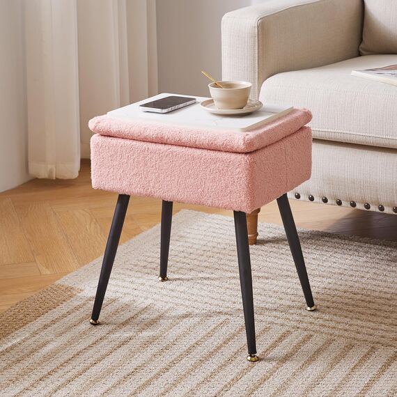Aibiju Schminktisch-Stuhl mit Stauraum, Rechteckiger Fußhocker aus Kunst-Teddyfell mit Metallbeinen, Make-up-Schminkhocker, Beistelltisch für Make-up-Raum, Schlafzimmer, Pink YD-SMS137P