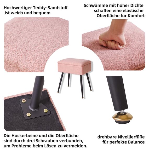 Aibiju Schminktisch-Stuhl mit Stauraum, Rechteckiger Fußhocker aus Kunst-Teddyfell mit Metallbeinen, Make-up-Schminkhocker, Beistelltisch für Make-up-Raum, Schlafzimmer, Pink YD-SMS137P