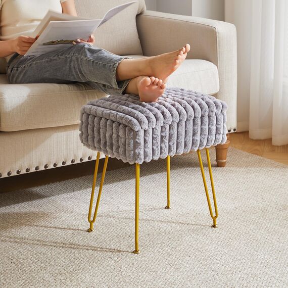 IBUYKE Rechteck Eitelkeit Stuhl mit Stauraum, Fußstütze Fußhocker Ottoman, Eitelkeit Hocker, Schminktisch Stuhl, mit Anti-Rutsch Füßen, für Make-up Raum, Schlafzimmer, Grau WBD004G