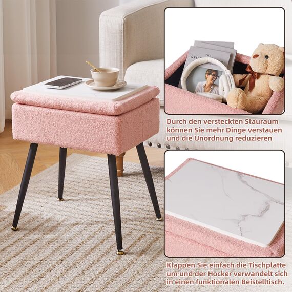Aibiju Schminktisch-Stuhl mit Stauraum, Rechteckiger Fußhocker aus Kunst-Teddyfell mit Metallbeinen, Make-up-Schminkhocker, Beistelltisch für Make-up-Raum, Schlafzimmer, Pink YD-SMS137P