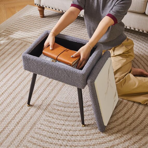 Aibiju HockerStuhl mit Stauraum, Stuhl für Schminktisch,Make-up Eitelkeits Hocker Beistelltisch, Schlafzimmer-Osmanenhocker mit Metallbeinen für Zuhause, Wohnzimmer, Schlafzimmer, Grau YD-SMS137G