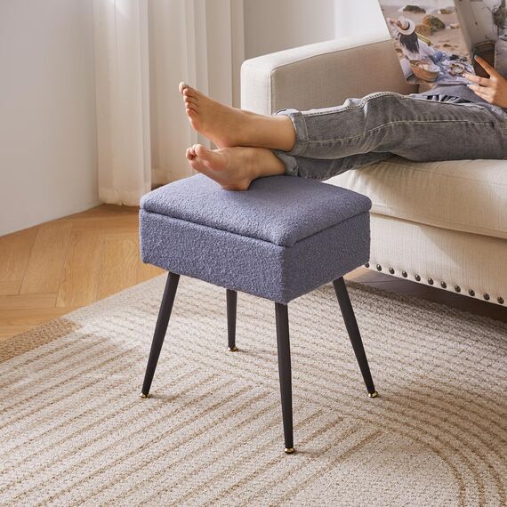 Aibiju Hocker mit Stauraum, Fußhocker, Ottomane, klein, Fußstütze für Couch und Stuhl mit Stauraum, 40 x 30 x 46 cm, blauer Ottomane, Teddy-Samt für Schminktisch, Beistelltisch im Wohnzimmer, Blaugrau