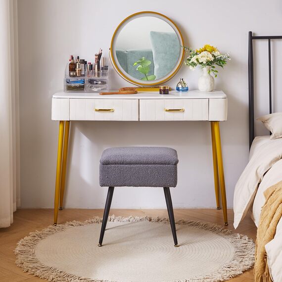 Aibiju HockerStuhl mit Stauraum, Stuhl für Schminktisch,Make-up Eitelkeits Hocker Beistelltisch, Schlafzimmer-Osmanenhocker mit Metallbeinen für Zuhause, Wohnzimmer, Schlafzimmer, Grau YD-SMS137G