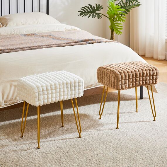 IBUYKE rechteckiger Fußstützenstuhl Ottoman, Make-up Eitelkeits Hocker Beistelltisch, Samt Ankleidetisch Sitz, Fußhocker Stuhl, goldene Stahlbeine, für Make-up Raum, Schlafzimmer, Khaki WBD003K