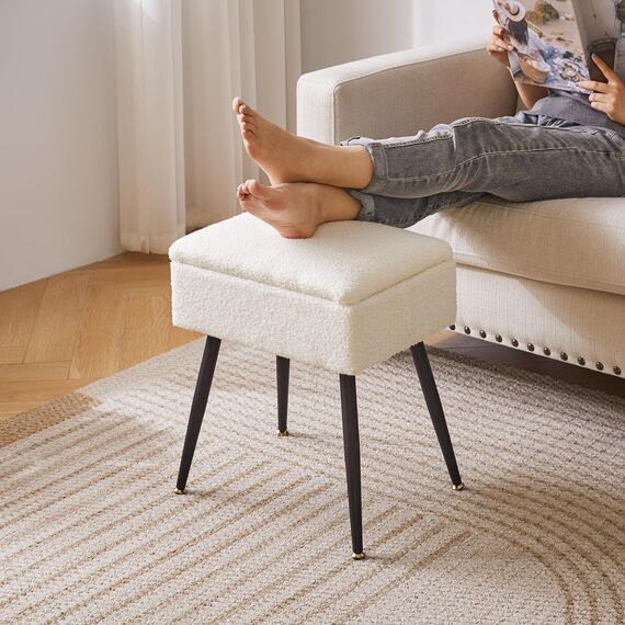 Aibiju Teddyfellimitat Hocker mit Stauraum, Rechteckiger Fußstützenstuhl Ottoman,Schminktischsitz, Kleiner Beistelltisch für Schminkzimmer, Schlafzimmer, Weiß YD-SMS137W