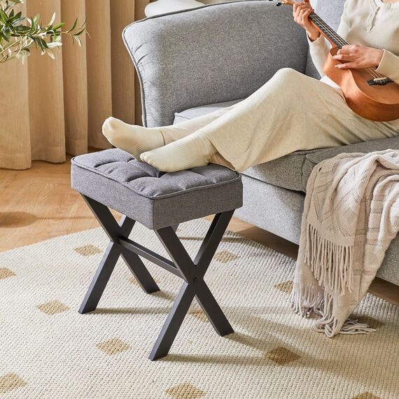 IBUYKE Quadratischer Make-up Hocker mit X-Bein Fußstütze, Leinen Fußstütze, Ottoman Sitz Eitelkeit Hocker, Multi-Use als Kleiner Beistelltisch, für Schlafzimmer, Wohnzimmer, grau L/G-70G