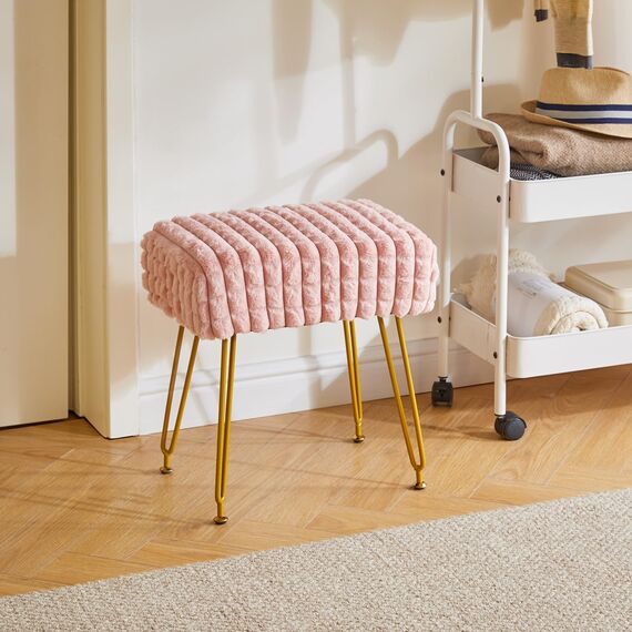 IBUYKE rechteckiger Fußstützenstuhl Ottoman, Make-up Eitelkeits Hocker Beistelltisch, Samt Ankleidetisch Sitz, Fußhocker Stuhl, goldene Stahlbeine, für Make-up Raum, Schlafzimmer, Rosa WBD003P