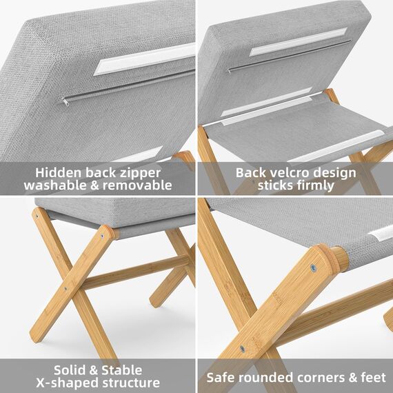 BAMBOOHOMIE Makeup Eitelkeit Hocker, Faltbarer Fußhocker mit Bambus X Beinen, Ottoman Fußstütze Stuhl für Vanity, Moderne Fußhocker klein gepolstert für Wohnzimmer (Natürlich - Grau)