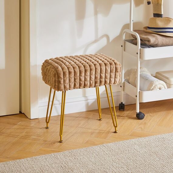 IBUYKE rechteckiger Fußstützenstuhl Ottoman, Make-up Eitelkeits Hocker Beistelltisch, Samt Ankleidetisch Sitz, Fußhocker Stuhl, goldene Stahlbeine, für Make-up Raum, Schlafzimmer, Khaki WBD003K