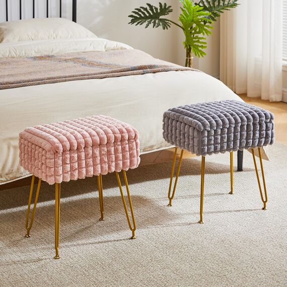 IBUYKE Rechteck Eitelkeit Stuhl mit Stauraum, Fußstütze Fußhocker Ottoman, Eitelkeit Hocker, Schminktisch Stuhl, mit Anti-Rutsch Füßen, für Make-up Raum, Schlafzimmer, Grau WBD004G