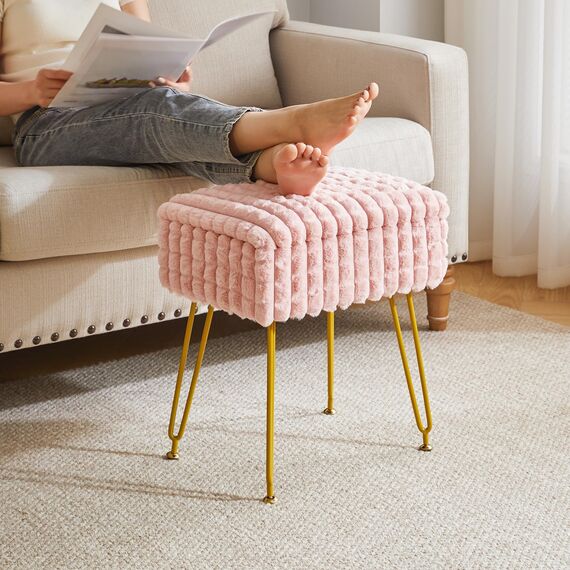 IBUYKE Rechteck Eitelkeit Stuhl mit Stauraum, Fußstütze Fußhocker Ottoman, Eitelkeit Hocker, Schminktisch Stuhl, mit Anti-Rutsch Füßen, für Make-up Raum, Schlafzimmer, Rosa WBD004P