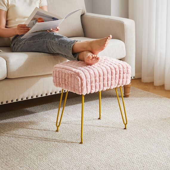 IBUYKE rechteckiger Fußstützenstuhl Ottoman, Make-up Eitelkeits Hocker Beistelltisch, Samt Ankleidetisch Sitz, Fußhocker Stuhl, goldene Stahlbeine, für Make-up Raum, Schlafzimmer, Rosa WBD003P