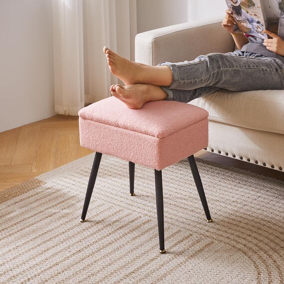 Aibiju Schminktisch-Stuhl mit Stauraum, Rechteckiger Fußhocker aus Kunst-Teddyfell mit Metallbeinen, Make-up-Schminkhocker, Beistelltisch für Make-up-Raum, Schlafzimmer, Pink YD-SMS137P