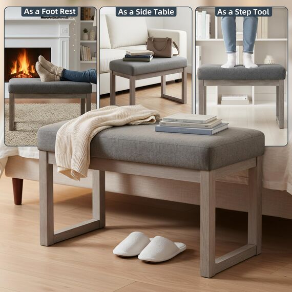 CangLong 70cm Rechteckiger Fußhocker Bequemer Stoff gepolstert Holzbank Sitz für Wohnzimmer, Schlafzimmer & Outdoor, Grau
