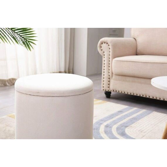 Mxfurhawa Vanity Runde Ottomane Samt Fußstütze Hocker, gepolsterter moderner Hocker mit Stauraum, goldener Stahlboden, abnehmbarer Deckel für Schlafzimmer Wohnzimmer (weiß)