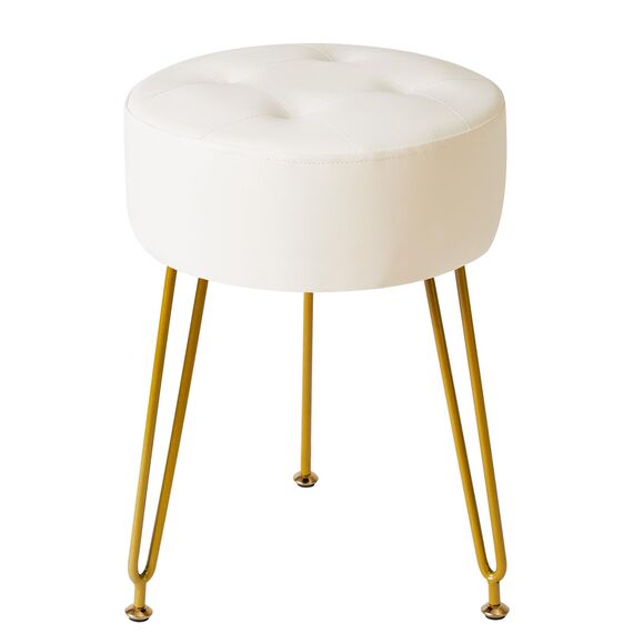 IBUYKE LG-31W Runder Fußstützen-Hocker, Make-up-Hocker, Beistelltisch, PU-Schminktisch, Sitzpuff, Couchhocker, goldene Stahlbeine, Weiß
