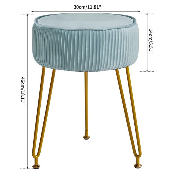 IBUYKE Samt Runde Fußstütze Hocker Ottoman, Make-up Eitelkeits Hocker Beistelltisch, Samt Ankleidetisch Sitz, Pouf Couch Hocker, goldene Stahlbeine, Blau L/G-30H