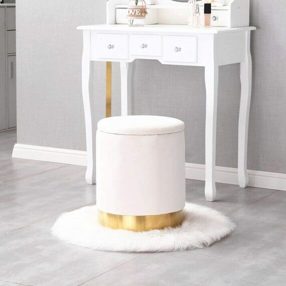 Mxfurhawa Vanity Runde Ottomane Samt Fußstütze Hocker, gepolsterter moderner Hocker mit Stauraum, goldener Stahlboden, abnehmbarer Deckel für Schlafzimmer Wohnzimmer (weiß)