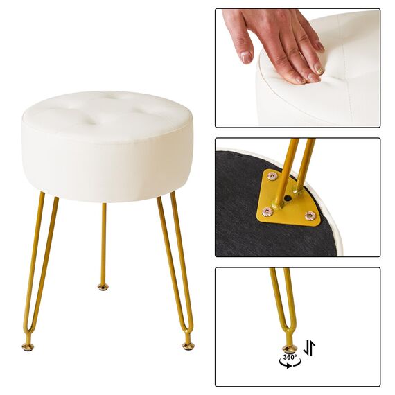 IBUYKE LG-31W Runder Fußstützen-Hocker, Make-up-Hocker, Beistelltisch, PU-Schminktisch, Sitzpuff, Couchhocker, goldene Stahlbeine, Weiß