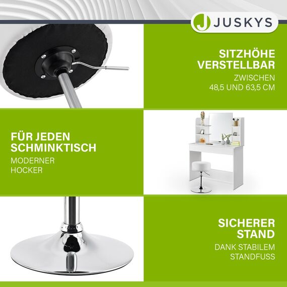 Juskys Schminktisch Hocker Tonia, Sitzhocker rund ? 33 cm & höhenverstellbar 49-64 cm, ergonomischer Polsterhocker mit Kunstleder-Bezug in Weiß