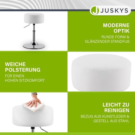 Juskys Schminktisch Hocker Tonia, Sitzhocker rund ? 33 cm & höhenverstellbar 49-64 cm, ergonomischer Polsterhocker mit Kunstleder-Bezug in Weiß