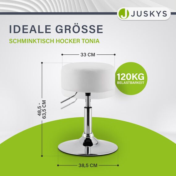 Juskys Schminktisch Hocker Tonia, Sitzhocker rund ? 33 cm & höhenverstellbar 49-64 cm, ergonomischer Polsterhocker mit Kunstleder-Bezug in Weiß