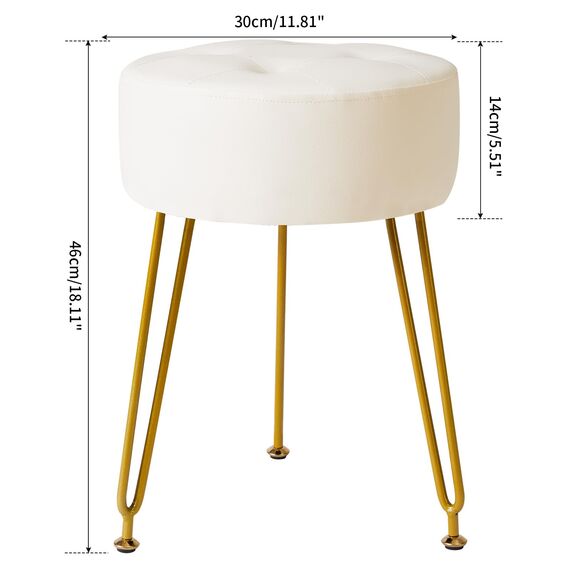 IBUYKE LG-31W Runder Fußstützen-Hocker, Make-up-Hocker, Beistelltisch, PU-Schminktisch, Sitzpuff, Couchhocker, goldene Stahlbeine, Weiß