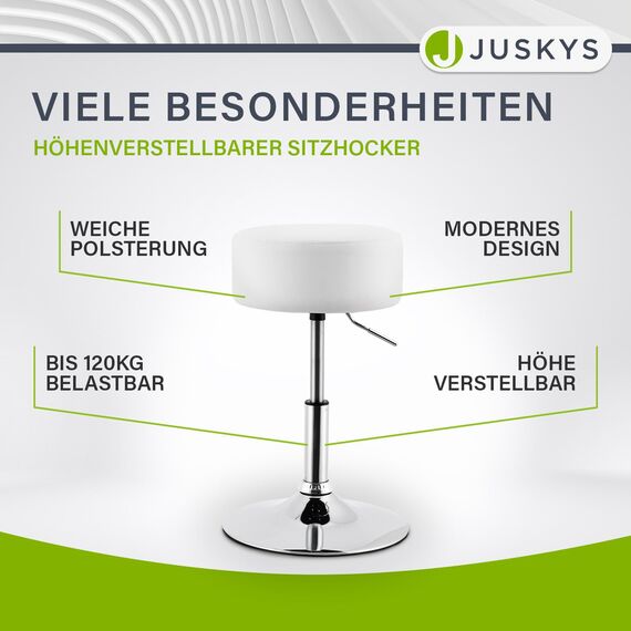 Juskys Schminktisch Hocker Tonia, Sitzhocker rund ? 33 cm & höhenverstellbar 49-64 cm, ergonomischer Polsterhocker mit Kunstleder-Bezug in Weiß