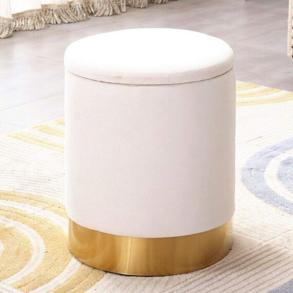 Mxfurhawa Vanity Runde Ottomane Samt Fußstütze Hocker, gepolsterter moderner Hocker mit Stauraum, goldener Stahlboden, abnehmbarer Deckel für Schlafzimmer Wohnzimmer (weiß)
