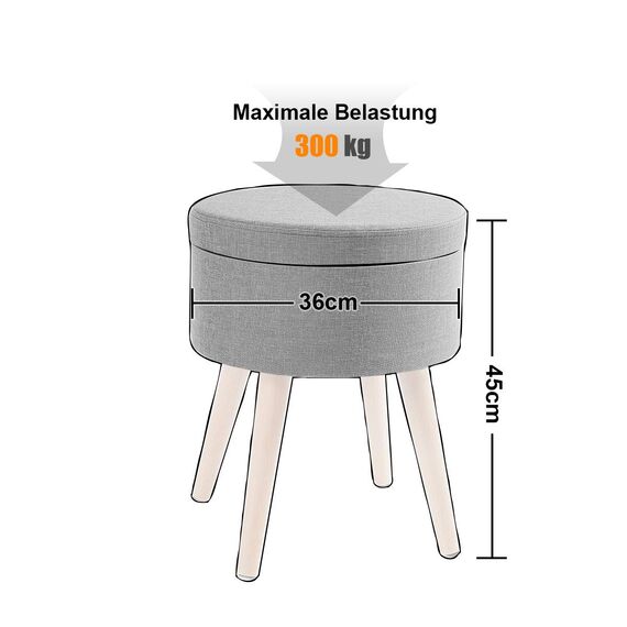 Theo&Cleo Hocker mit Stauraum,Sitzhocker Holzbeine,Runder Hoher Schemel,Aufbewahrung Schlafzimmer mit Deckel,Schminktisch Stuhl,Fußhocker für Wohnzimmer,Soft Sitzkissen aus Linen,36cm*36cm*45cm Grau