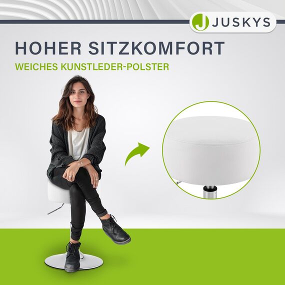 Juskys Schminktisch Hocker Tonia, Sitzhocker rund ? 33 cm & höhenverstellbar 49-64 cm, ergonomischer Polsterhocker mit Kunstleder-Bezug in Weiß