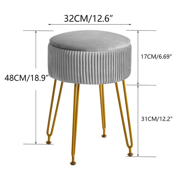 IBUYKE Samt Speicher Fußstütze Hocker Ottoman, Make-up Eitelkeits Hocker Beistelltisch mit goldenen Stahlbeinen abnehmbare Abdeckung, Couchtisch Top Cover, grau L/G-20G