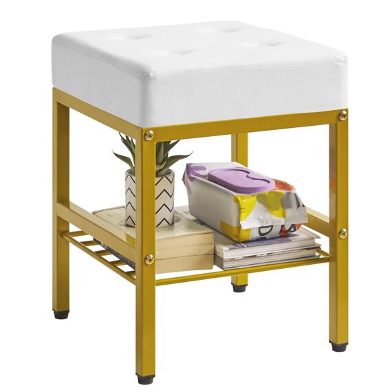 IBUYKE Quadratischer Make-up-Hocker mit justierbaren Füßen und Stauraum, Fußstützenstuhl, PU-Sitz Eitelkeitshocker, Multi-Use als Kleiner Beistelltisch oder Ottoman, für Schlafzimmer, Weiß L/G-60W